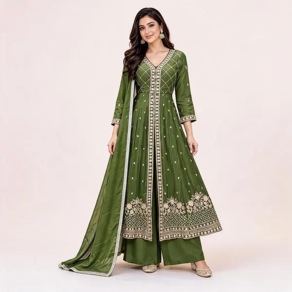 Green_Chinon_Anarkali_Suit_Set_For_Women
