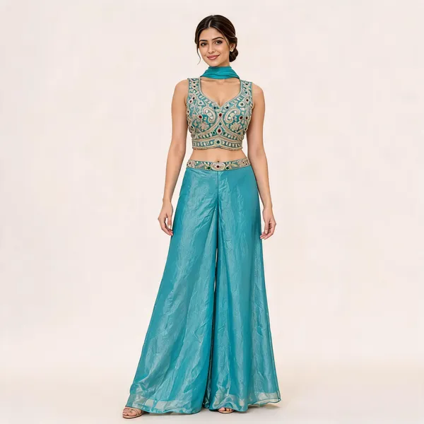 Turquoise_Fendi_Palazzo_Lehenga_Set_For_Women