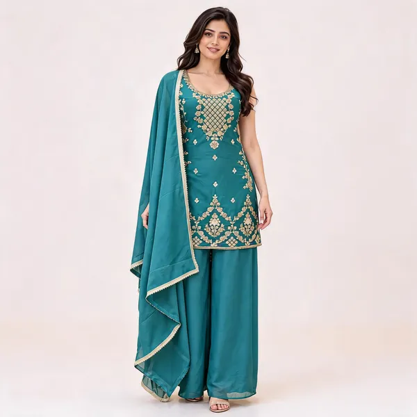 Teal_Star_Georgette_Kurta_Set_For_Women