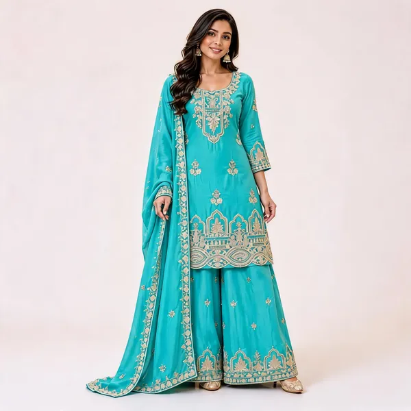 Turquoise_Chinon_Kurta_With_Wide_Leg_Bottoms_And_Dupatta_For_Women