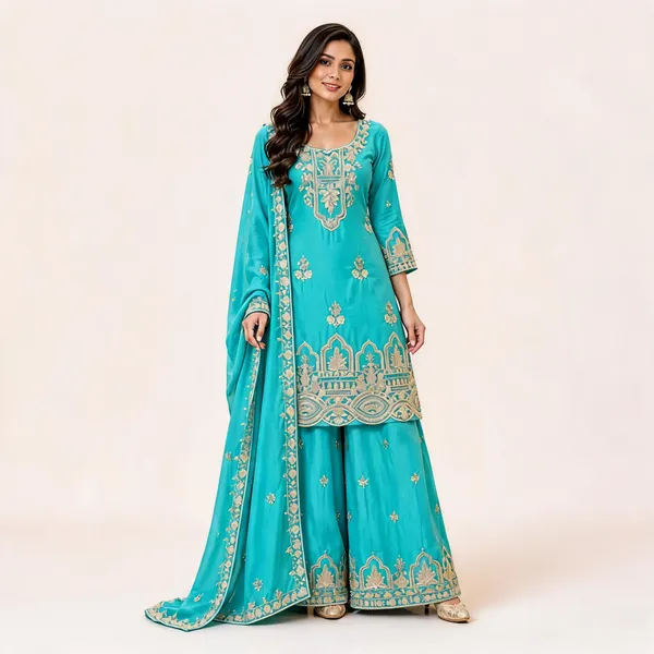 Turquoise_Chinon_Kurta_With_Wide_Leg_Bottoms_And_Dupatta_For_Women