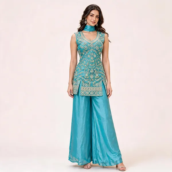 Turquoise_Fendi_Kurta_Palazzo_Set_For_Women