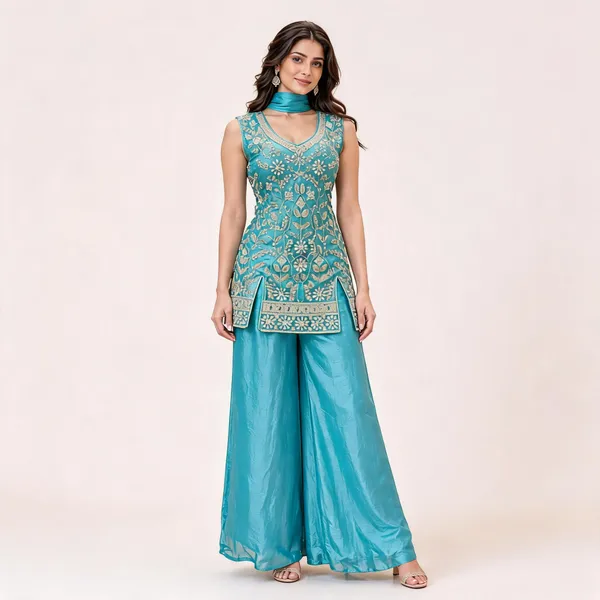 Turquoise_Fendi_Kurta_Palazzo_Set_For_Women