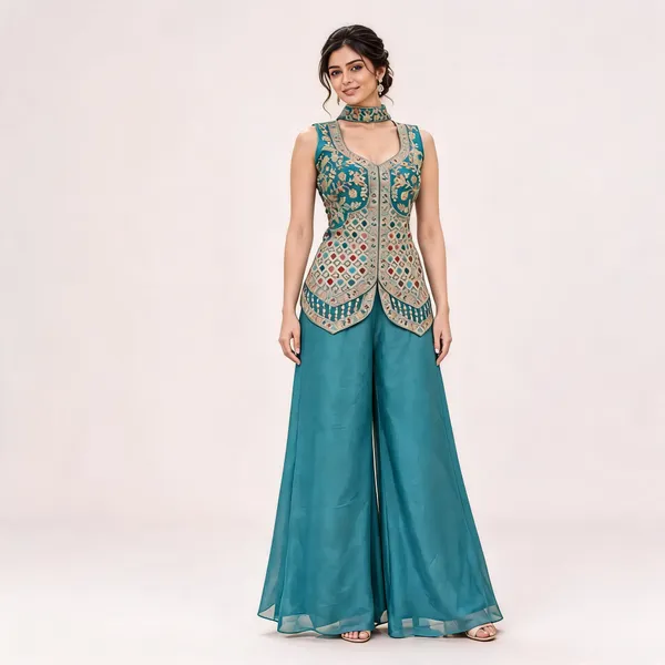 Teal_Star_Georgette_Peplum_Palazzo_Set_For_Women