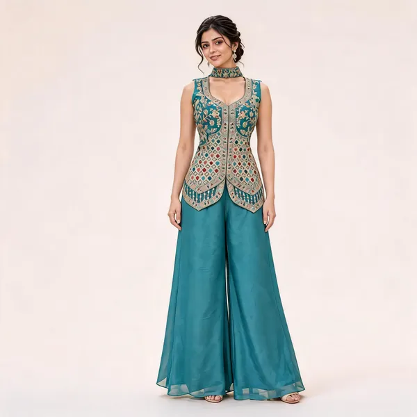 Teal_Star_Georgette_Peplum_Palazzo_Set_For_Women