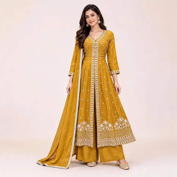 Mustard_Chinon_Anarkali_Suit_For_Women