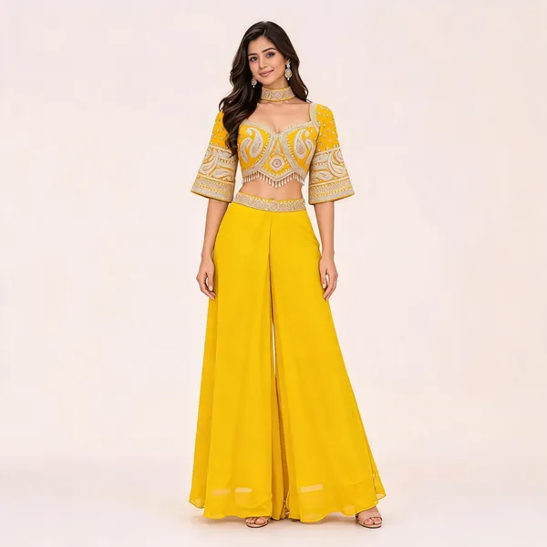 Yellow_Georgette_Crop_Top_And_Palazzo_Set_For_Women