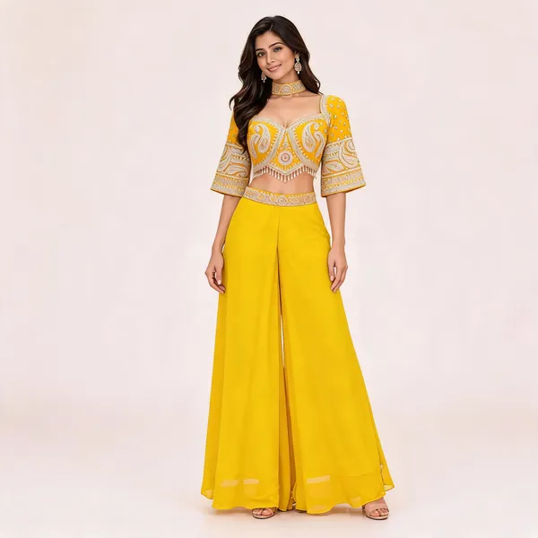 Yellow_Georgette_Crop_Top_And_Palazzo_Set_For_Women