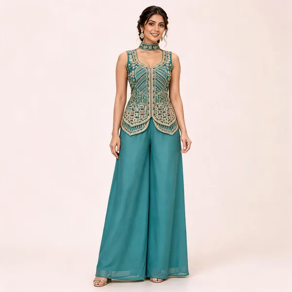 Teal_Star_Georgette_Kurta_Palazzo_Set_For_Women