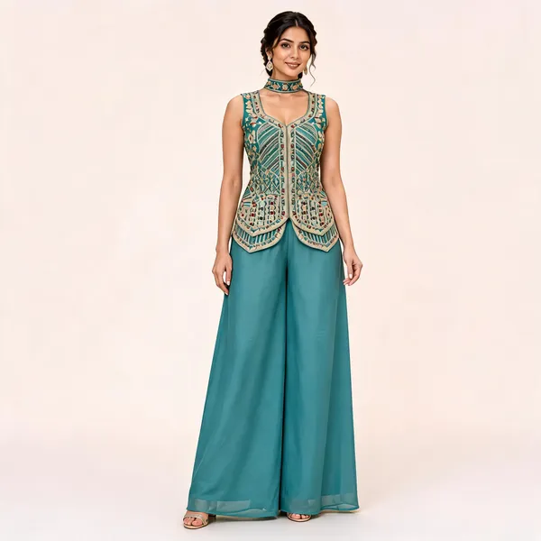 Teal_Star_Georgette_Kurta_Palazzo_Set_For_Women