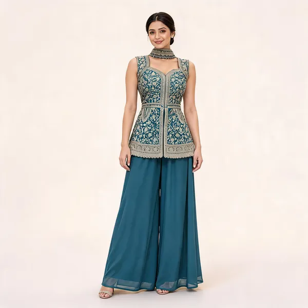 Teal_Star_Georgette_Palazzo_Suit_Set_For_Women