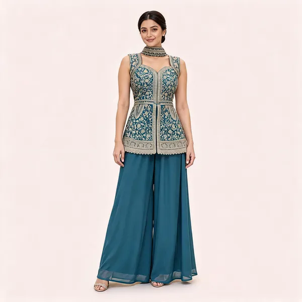 Teal_Star_Georgette_Palazzo_Suit_Set_For_Women