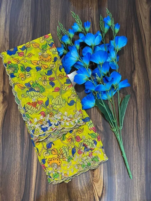 Yellow_Georgette_Kalamkari_Print_Dupatta_For_Women