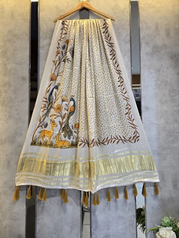 White_Modal_Gajji_Silk_Deer_Print_Dupatta_For_Women