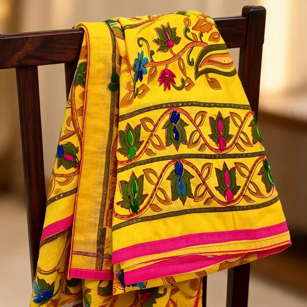 Yellow_Chanderi_Silk_Kantha_Work_Dupatta_For_Women