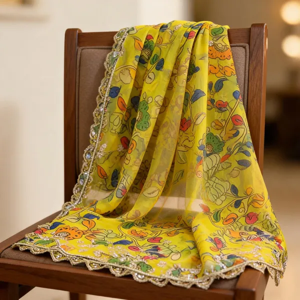 Yellow_Georgette_Kalamkari_Print_Dupatta_For_Women