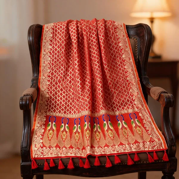 Orange_Georgette_Peacock_Meenakari_Pallu_Designer_Dupatta_For_Women