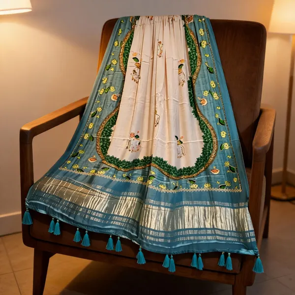 Emerald_Green_Modal_Silk_Pichwai_Hand_Work_Dupatta_For_Women