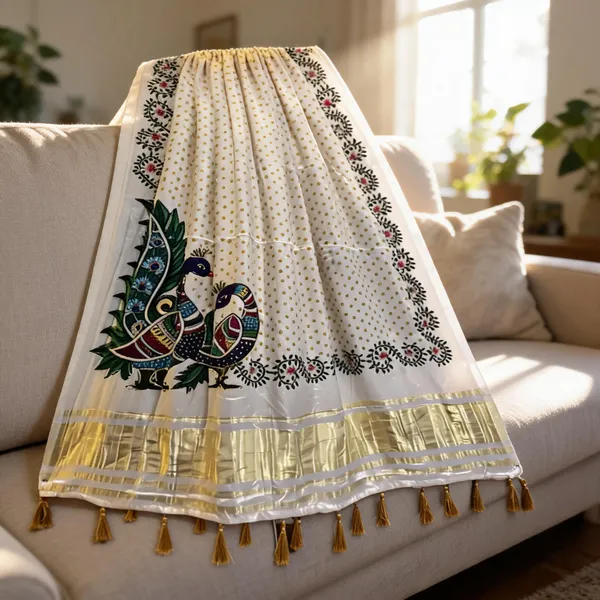White_Modal_Gajji_Silk_Peacock_Print_Dupatta_For_Women