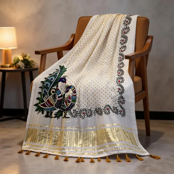 White_Modal_Gajji_Silk_Peacock_Print_Dupatta_For_Women