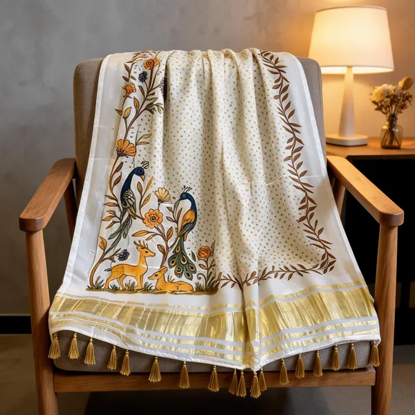 White_Modal_Gajji_Silk_Deer_Print_Dupatta_For_Women