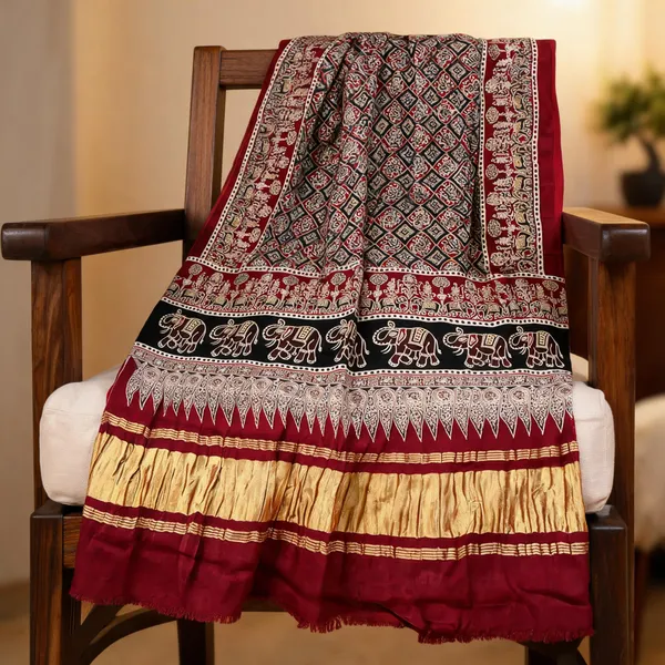 Multicolor_Modal_Silk_Ajrakh_Block_Print_Lagdi_Patta_Dupatta_For_Women