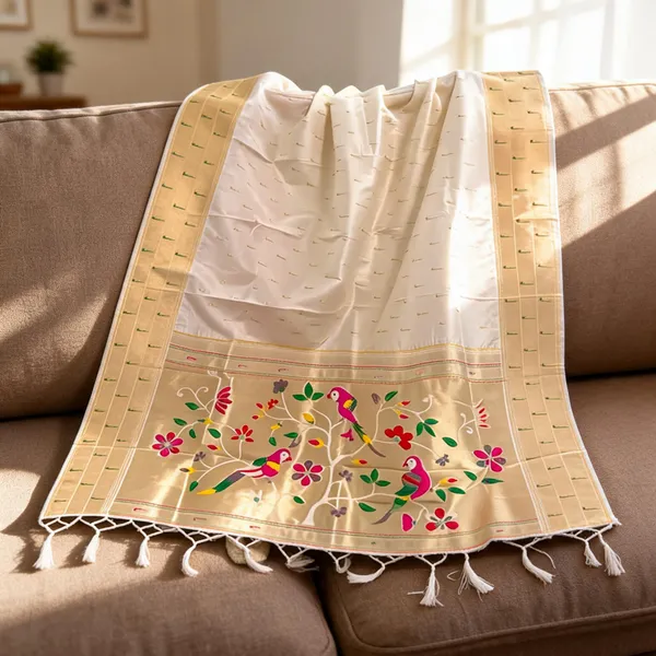 White_Silk_Paithani_Parrot_Design_Muniya_Border_Dupatta_For_Women