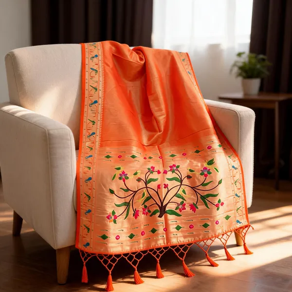 Orange_Silk_Paithani_Lining_Pattern_Designer_Border_Dupatta_For_Women