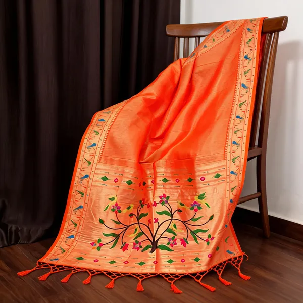 Orange_Silk_Paithani_Lining_Pattern_Designer_Border_Dupatta_For_Women