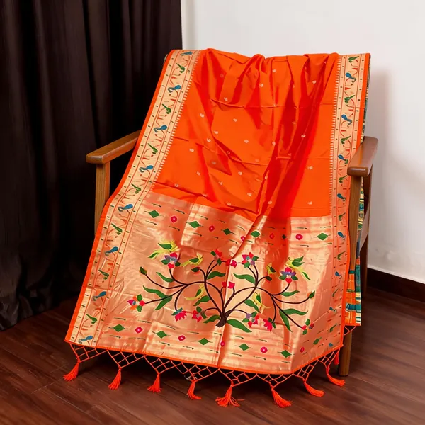 Orange_Paithani_Silk_Tree_Of_Life_Motif_Tasselled_Dupatta_For_Women