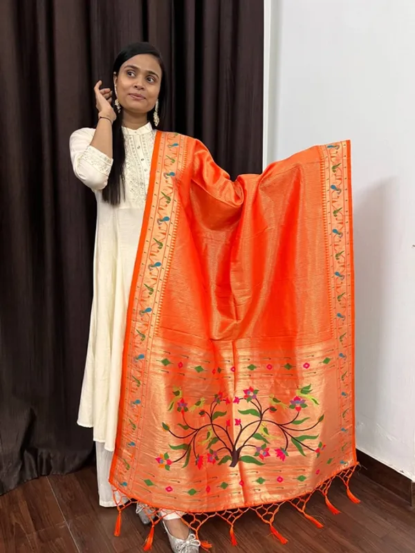 Orange_Silk_Paithani_Lining_Pattern_Designer_Border_Dupatta_For_Women