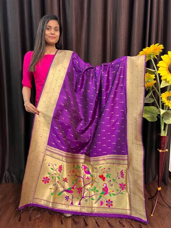 Violet_Silk_Paithani_Parrot_Design_Muniya_Border_Dupatta_For_Women