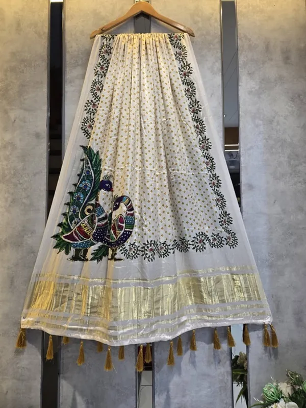 White_Modal_Gajji_Silk_Peacock_Print_Dupatta_For_Women