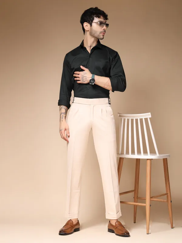 Beige_Polyester_Blend_Classic_Buckle_Gurkha_Pants_For_Men