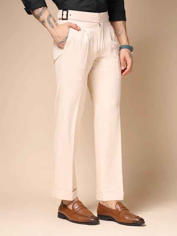 Beige_Polyester_Blend_Classic_Buckle_Gurkha_Pants_For_Men