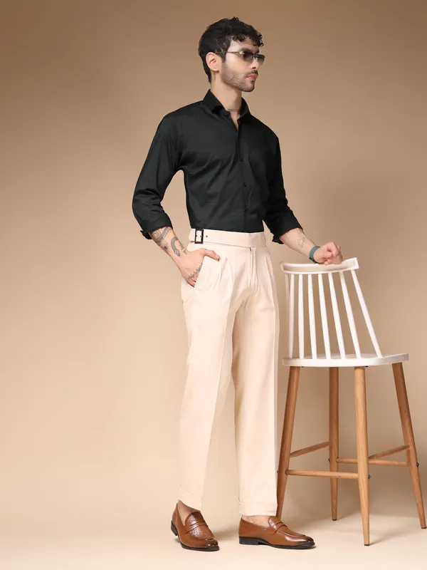 Beige_Polyester_Blend_Classic_Buckle_Gurkha_Pants_For_Men