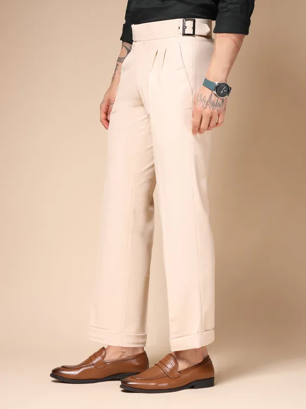 Beige_Polyester_Blend_Classic_Buckle_Gurkha_Pants_For_Men