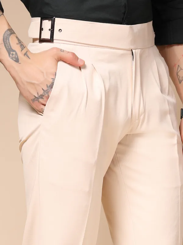 Beige_Polyester_Blend_Classic_Buckle_Gurkha_Pants_For_Men