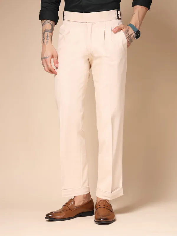 Beige_Polyester_Blend_Classic_Buckle_Gurkha_Pants_For_Men