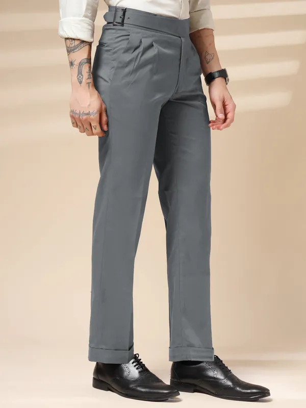 Stone_Grey_Polyester_Classic_Buckle_Gurkha_Pants_For_Men