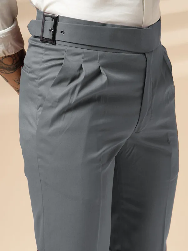 Stone_Grey_Polyester_Classic_Buckle_Gurkha_Pants_For_Men
