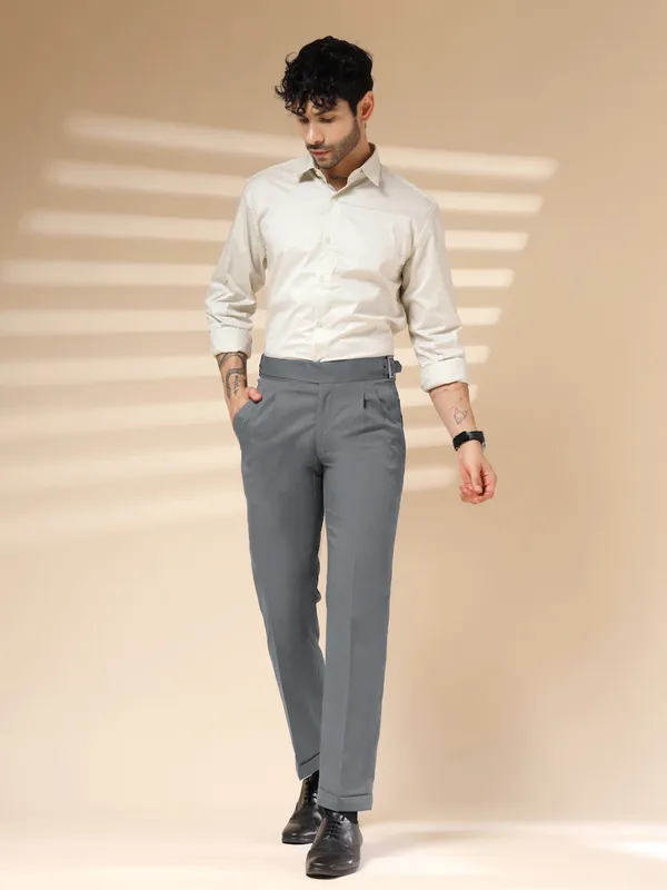 Stone_Grey_Polyester_Classic_Buckle_Gurkha_Pants_For_Men