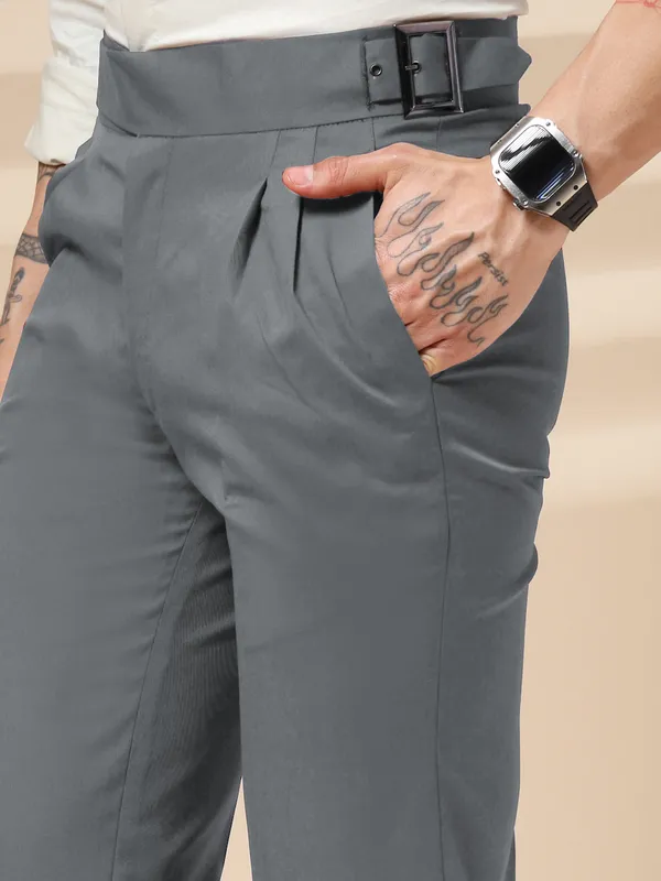 Stone_Grey_Polyester_Classic_Buckle_Gurkha_Pants_For_Men