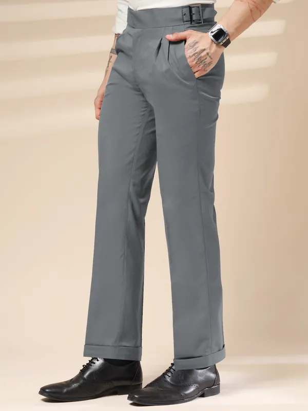 Stone_Grey_Polyester_Classic_Buckle_Gurkha_Pants_For_Men