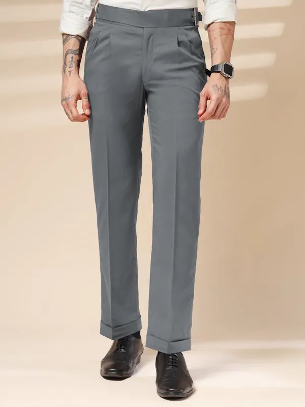 Stone_Grey_Polyester_Classic_Buckle_Gurkha_Pants_For_Men