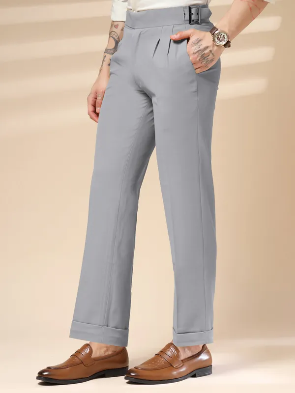 Ash_Grey_Polyester_Classic_Buckle_Gurkha_Pants_For_Men