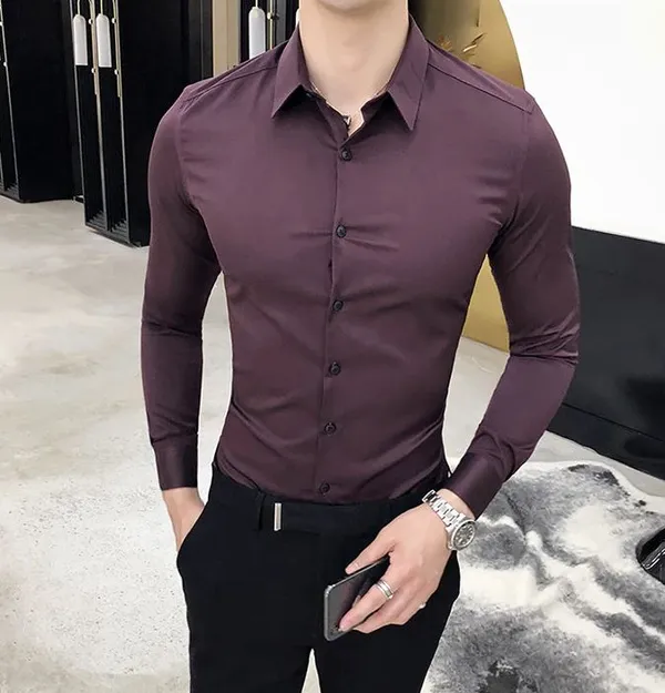 Wine_Cotton_Korean_Collar_Shirt_For_Men