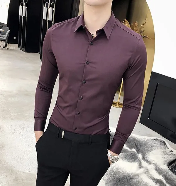 Wine_Cotton_Korean_Collar_Shirt_For_Men