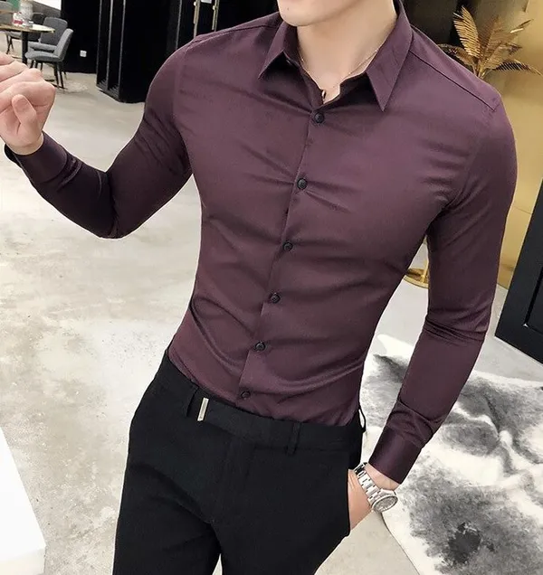 Wine_Cotton_Korean_Collar_Shirt_For_Men