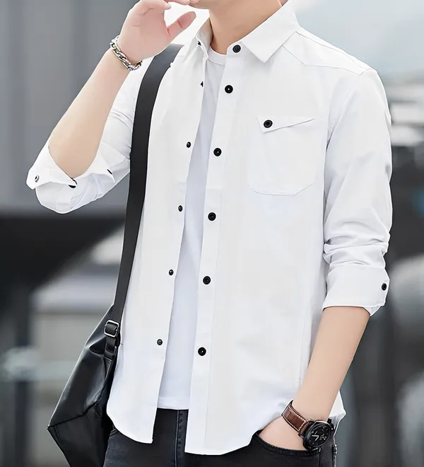 White_Cotton_Stand_Collar_Shirt_For_Men